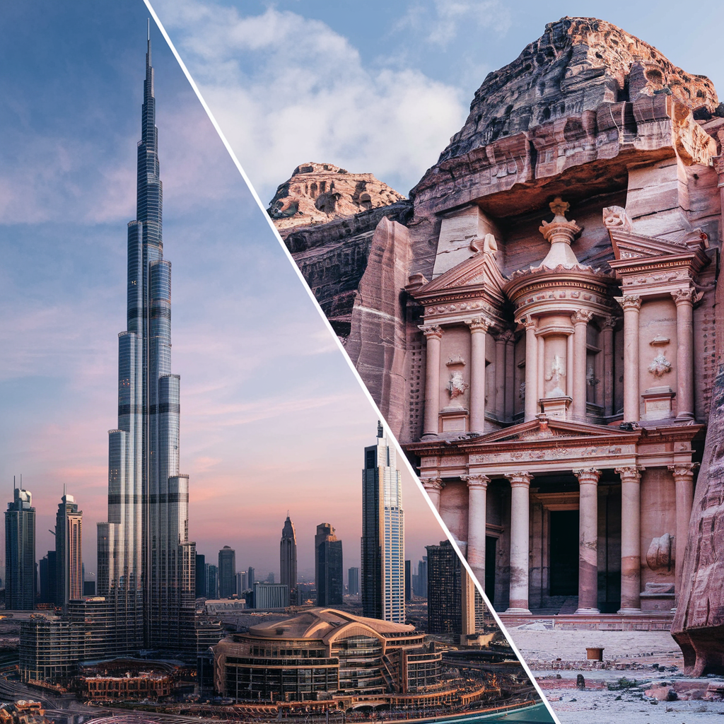 Dubai modern skyline vs ancient Petra Jordan contrast”

