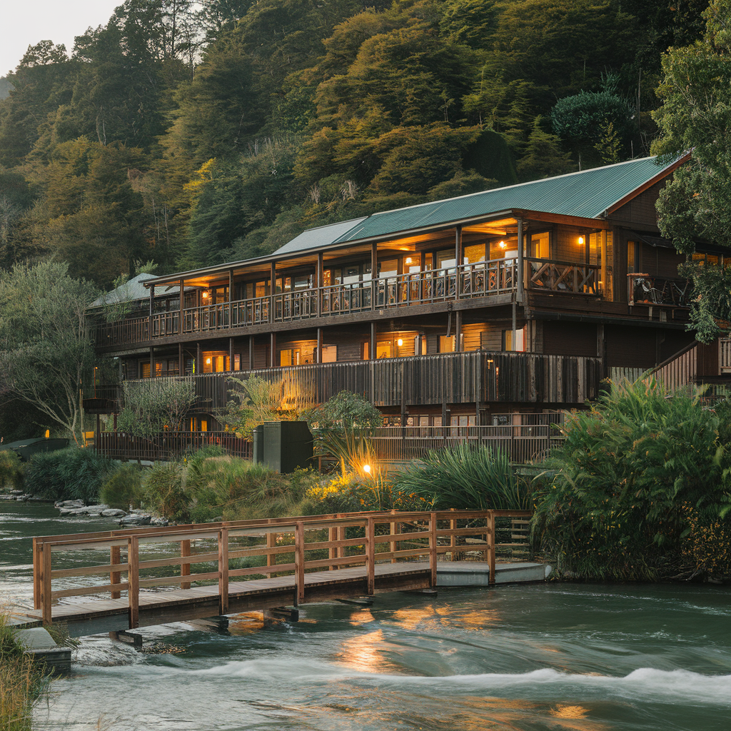 Luxury riverside lodge in New Zealand with warm wooden architecture, glowing lights, and lush green surroundings. A wooden bridge crosses a gently flowing river, adding to the serene and secluded atmosphere