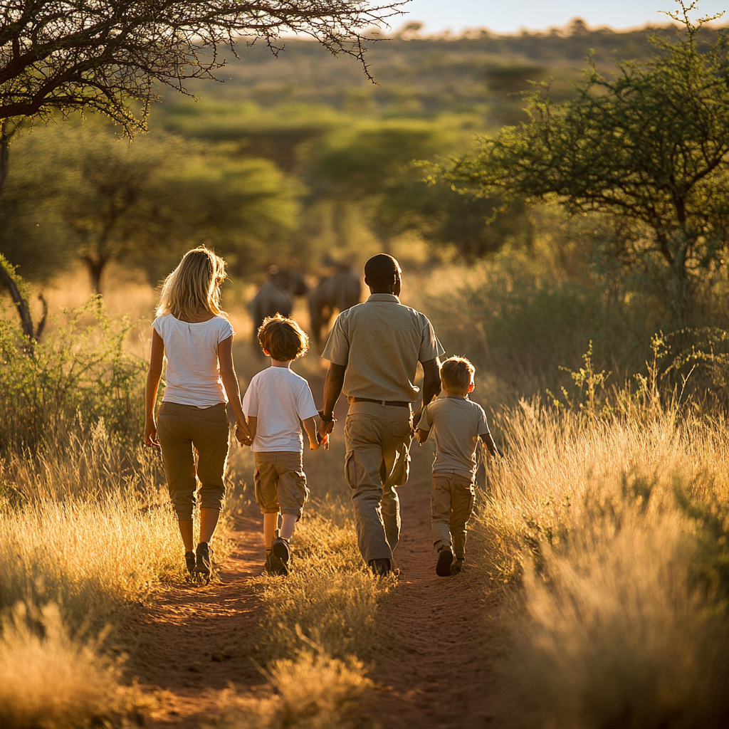 Family exploring malaria-free Madikwe Game Reserve, South Africa, on a bush walk.