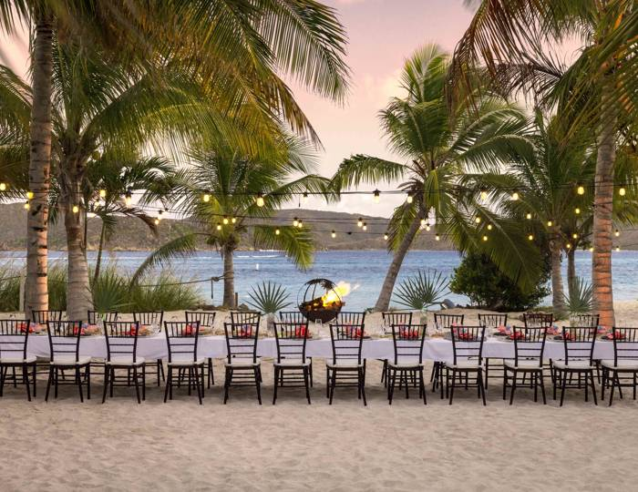 A luxurious beachside dining setup on Necker Island, featuring a long elegantly decorated table with black chairs on soft white sand. Surrounded by swaying palm trees adorned with twinkling string lights, the setting overlooks the calm blue ocean at sunset. A fire pit adds warmth and ambiance to this tropical paradise.