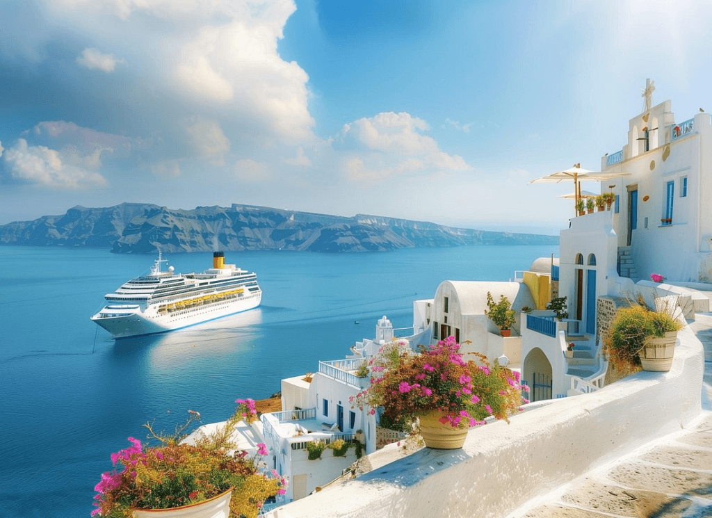 Luxury Santorini shore excursion featuring breathtaking views of whitewashed cliffside architecture overlooking the Aegean Sea, with a cruise ship anchored in the tranquil blue waters, offering an exclusive Greek island experienc