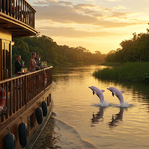 Luxury Amazon river cruise at sunset with pink dolphins 