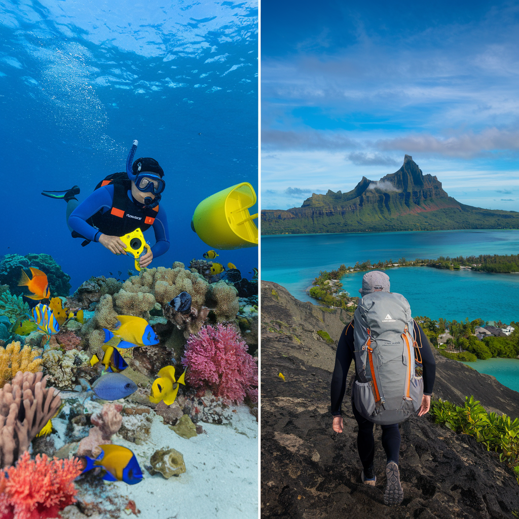 Best activities in Bora Bora vs Maldives: Snorkeling and hiking adventures.