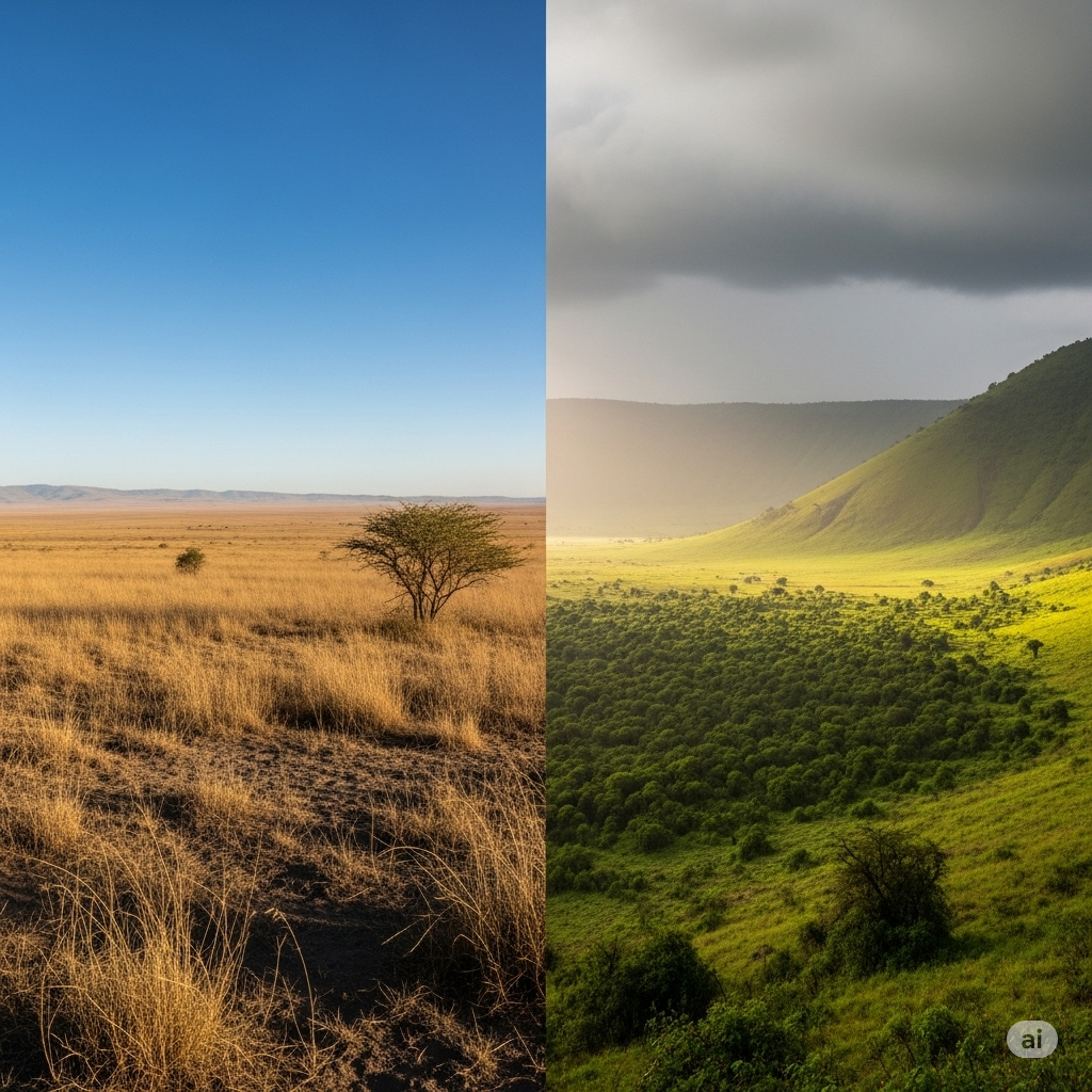 Dry season vs green season safari landscapes in Tanzania | Best time for African safari comparison