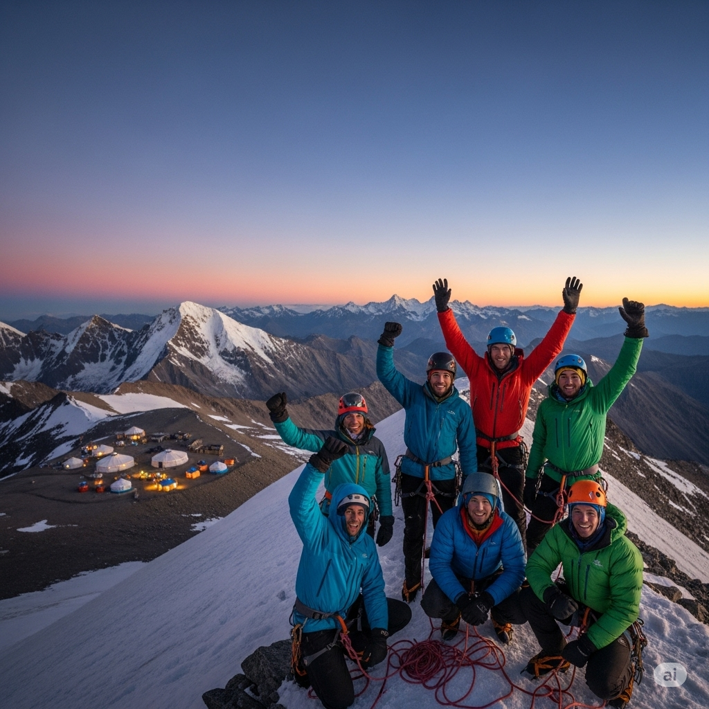 Luxury mountain climbing group celebrating summit victory at sunrise with premium gear and base camp below