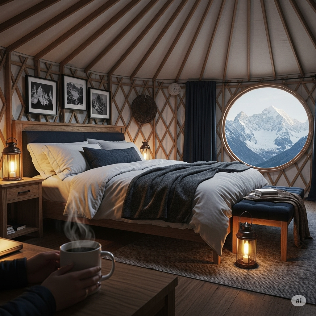 Luxury base camp yurt interior with comfortable bed and mountain view for high-end climbing expeditions