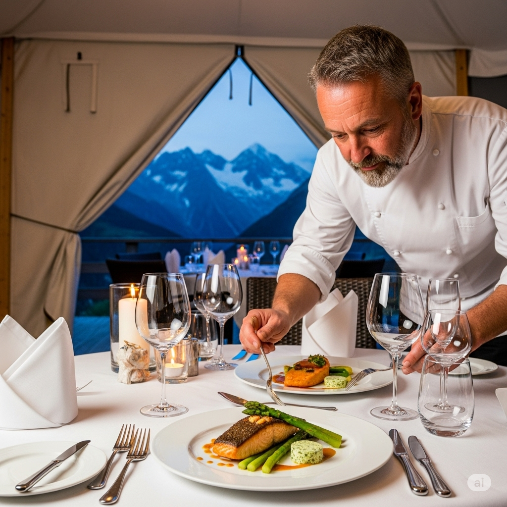 Gourmet dining experience with private chef in luxury mountain climbing base camp tent