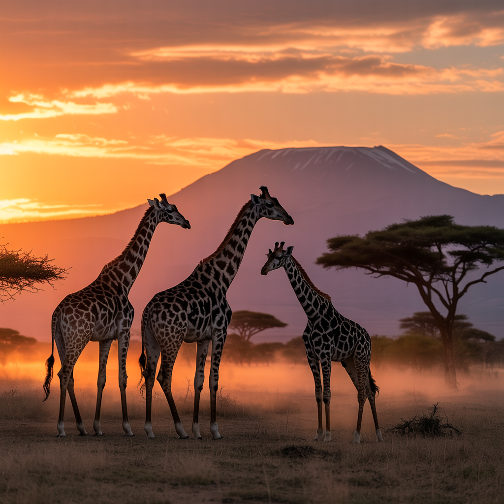 Endangered Masai giraffe family in Kenya savanna at golden hour - highlighting silent extinction crisis